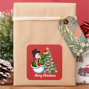 Cuadrada Navidades snowman y árbol agregan pegatina de mens