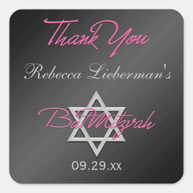 Cuadrada Negro, Plata, Rosa 1,5" Sq. Bat Mitzvah Pegatina (Anverso)