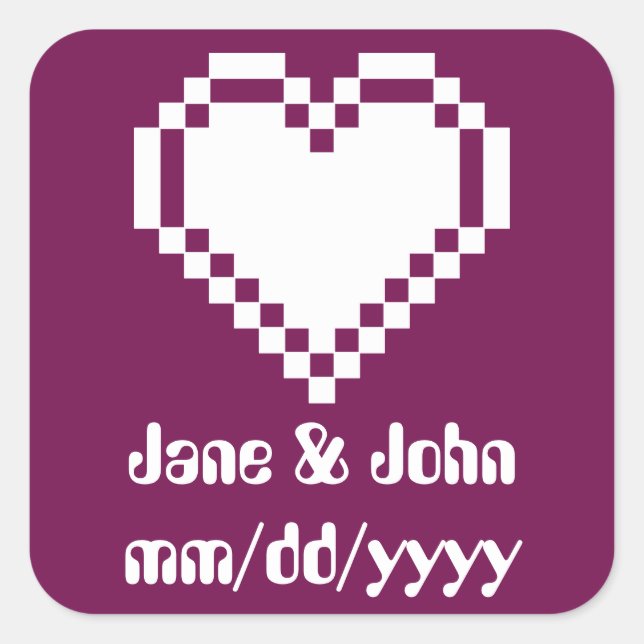 Cuadrada Nuestros corazones de 8 bits en Pegatina de vino (Anverso)
