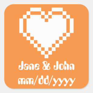 Cuadrada Nuestros corazones de 8 bits en Pegatina Naranja