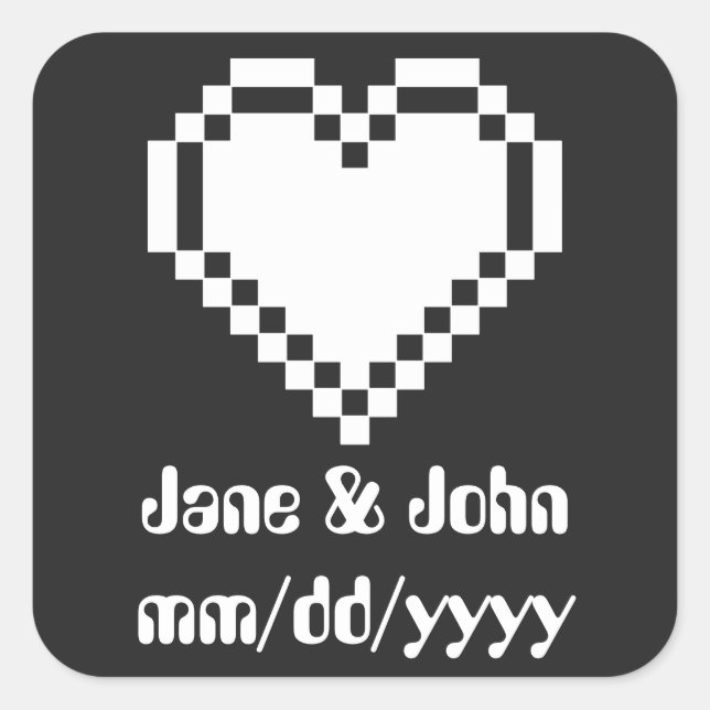 Cuadrada Nuestros corazones de 8 bits en Pegatina negro (Anverso)