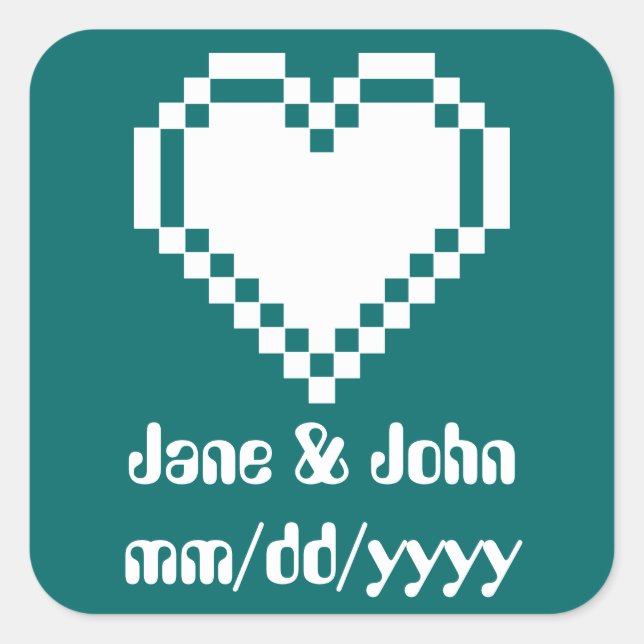Cuadrada Nuestros corazones de 8 bits en Pegatina Verde azu (Anverso)