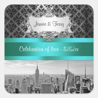 Cuadrada NY City Skyline BW B3 Damask Invitar Pegatina de S