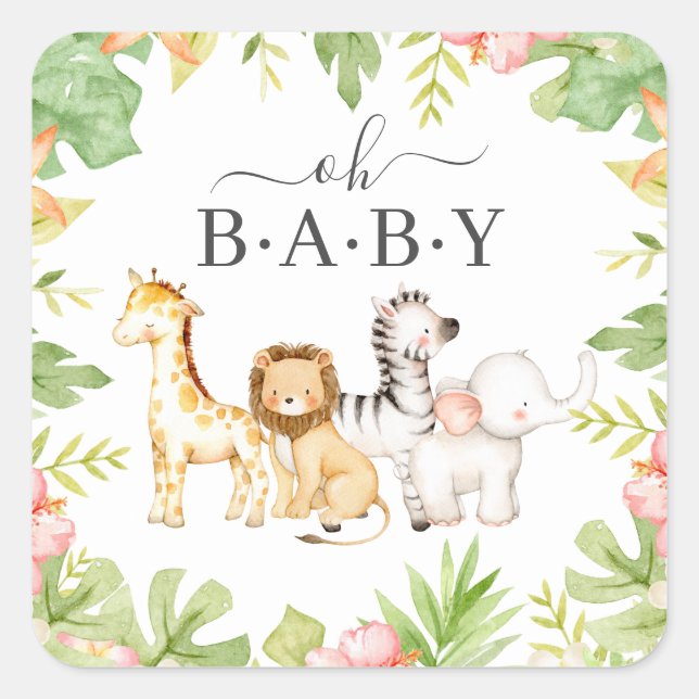 Cuadrada Oh Baby Jungle Baby Shower Square Pegatina (Anverso)