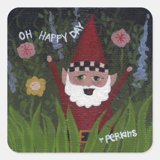Cuadrada Oh Feliz Día, Pegatina Gnome (Anverso)