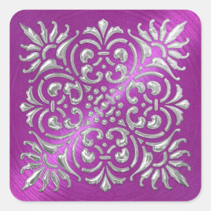 Cuadrada Ornate Magenta y plateado Pegatina de aspecto Grab