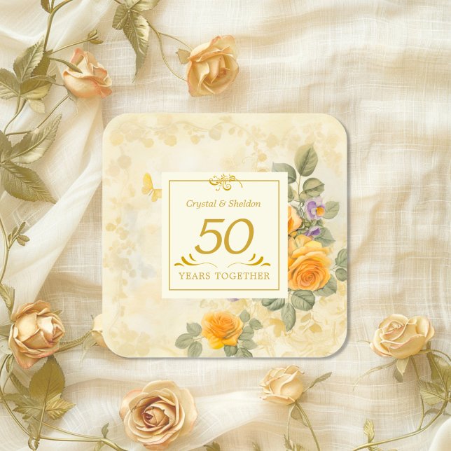 Cuadrada Oro y Rosas 50° Boda Pegatina de aniversario (Gold Yellow Roses 50th Wedding Anniversary sticker)