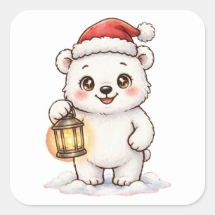 Cuadrada Osito Polar Lindo Linterna de Santa Pegatina de Na