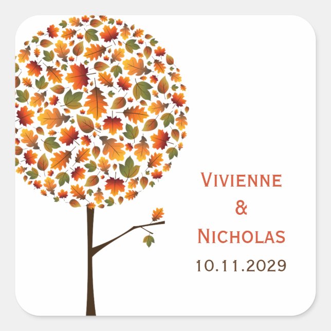 Cuadrada Otoño deja Pegatina de casamiento con árbol pop mo (Anverso)