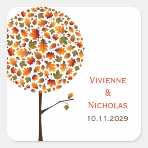 Cuadrada Otoño deja Pegatina de casamiento con árbol pop mo