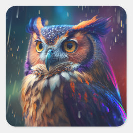 Cuadrada Owl in the Rain Vivid Art Pegatina
