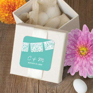 Cuadrada Papel picado Aqua   Pegatina del favor de la boda