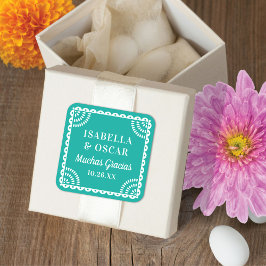 Cuadrada Papel Picado Brillante Aqua Pegatina de la boda