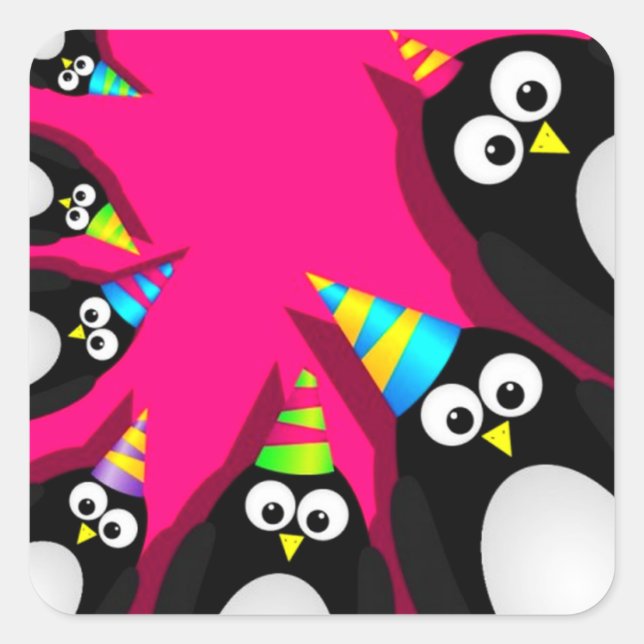Cuadrada Paquete Pegatina de Pingüinos de Cumpleaños Feliz (Anverso)