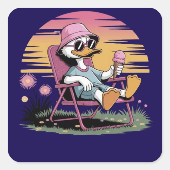 Cuadrada Pato comiendo helado de verano pegatina cuadrado (Anverso)