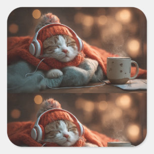 Cuadrada Pausa Suave – Pegatina de Gato Acogedor de Inviern