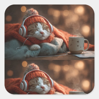 Cuadrada Pausa Suave – Pegatina de Gato Acogedor de Inviern