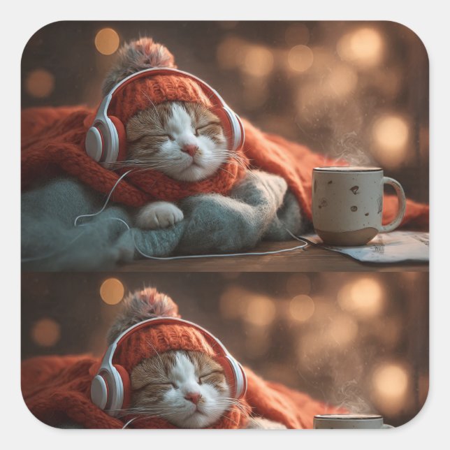 Cuadrada Pausa Suave – Pegatina de Gato Acogedor de Inviern (Anverso)