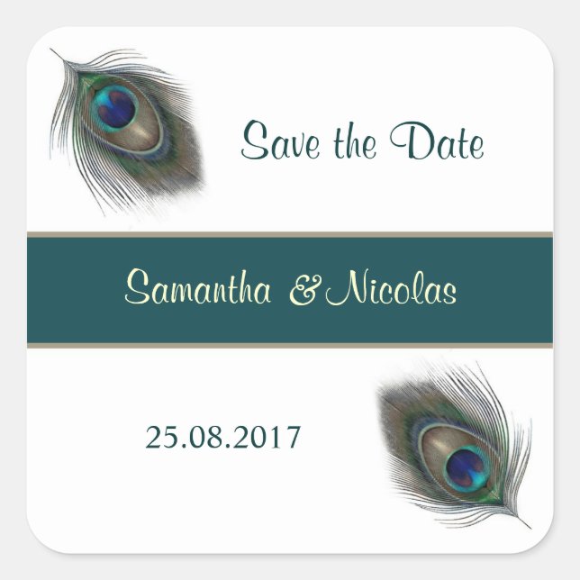 Cuadrada Peacok plumas Boda Pegatina Guardar la fecha (Anverso)