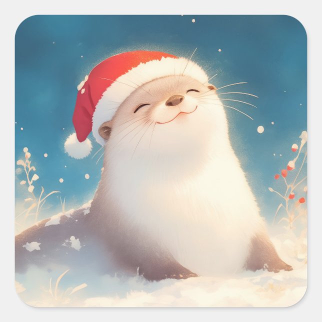 Cuadrada Pegatina adorable de nutria de Navidad con sombrer (Anverso)
