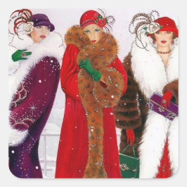 Cuadrada Pegatina Art deco retro vintage de Navidad señoras