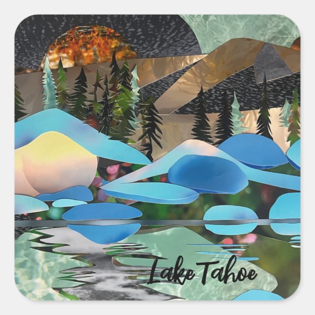 Cuadrada Pegatina artístico del lago Tahoe (Anverso)