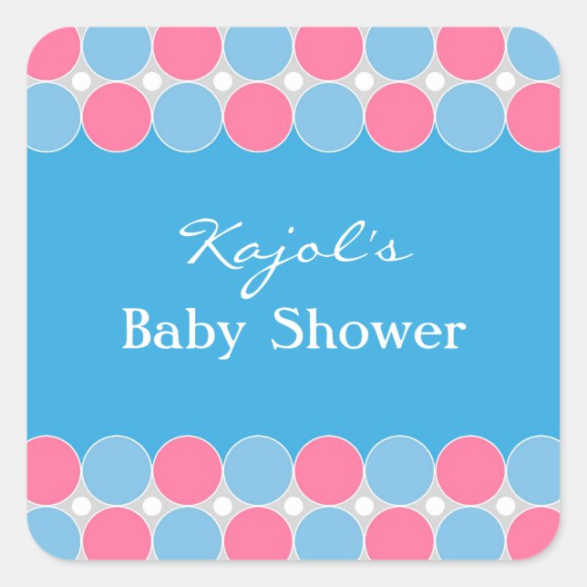 Cuadrada Pegatina azul y rosa retro de Baby Shower (Anverso)