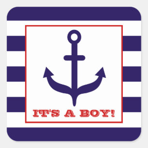 Cuadrada Pegatina Baby Shower Anchor & Blue STripes