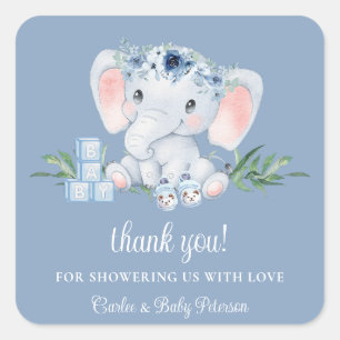 Cuadrada Pegatina Baby Shower Blue Floral Cute Elephant Boy