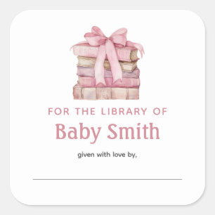 Cuadrada Pegatina Baby Shower Bookplate Bow rosa