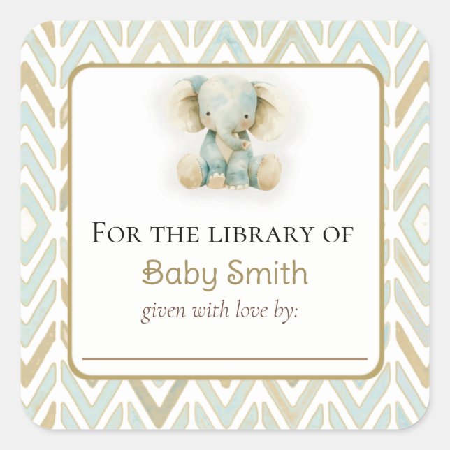 Cuadrada Pegatina Baby Shower Bookplate con elefante Plush (Anverso)