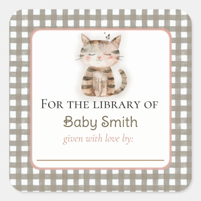 Cuadrada Pegatina Baby Shower Bookplate con Kitten Cute (Anverso)