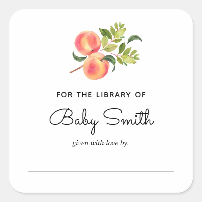 Cuadrada Pegatina Baby Shower Bookplate Peach (Anverso)