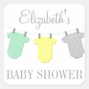 Cuadrada Pegatina Baby Shower Clothesline Yellow & Aqua