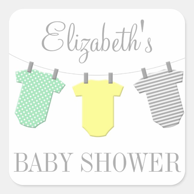 Cuadrada Pegatina Baby Shower Clothesline Yellow & Aqua (Anverso)
