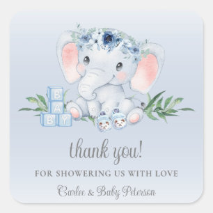 Cuadrada Pegatina Baby Shower de elefante azul celeste