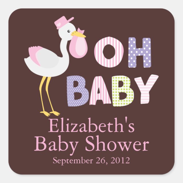 Cuadrada Pegatina Baby Shower de la bebé cigüeña moderna (Anverso)
