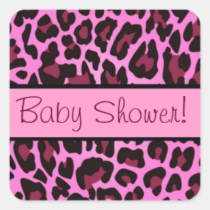 Cuadrada Pegatina Baby Shower de Leopardo Negro y Rosa