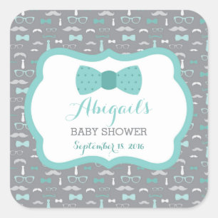 Cuadrada Pegatina Baby Shower de pequeño hombre, Verde azul