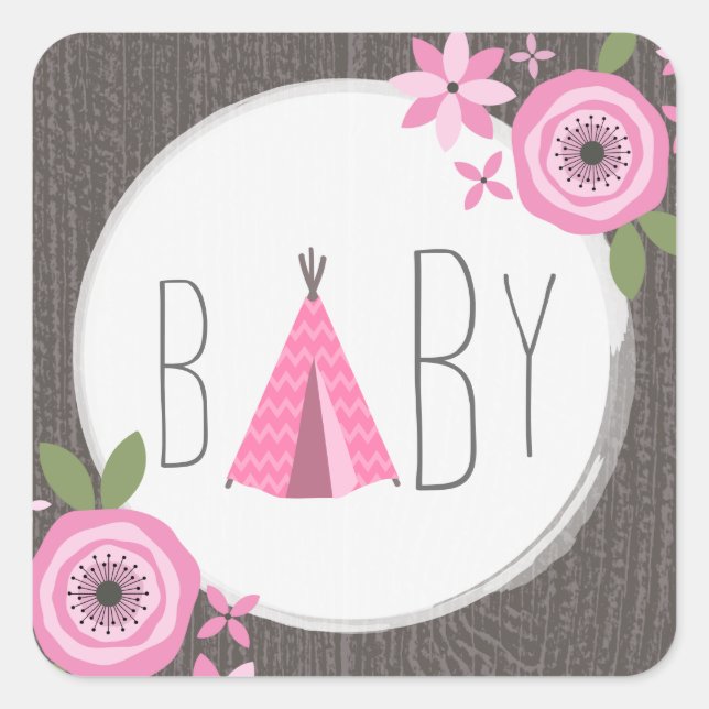 Cuadrada Pegatina Baby Shower de Tipi rosa (Anverso)