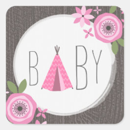 Cuadrada Pegatina Baby Shower de Tipi rosa