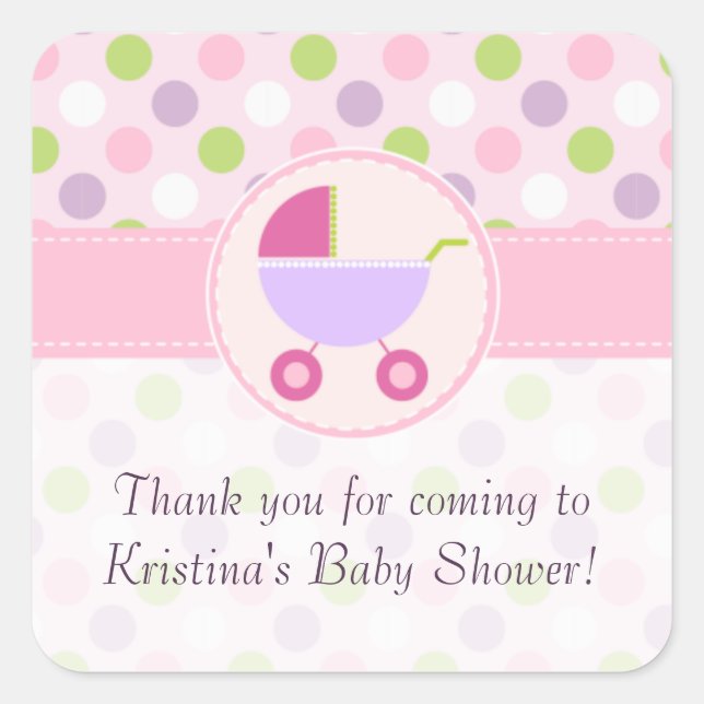 Cuadrada Pegatina Baby Shower Pram and Polka Dots (Anverso)