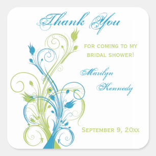 Cuadrada Pegatina Blue Green White Floral Bridal Shower