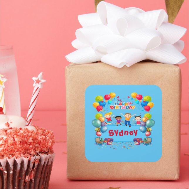 Cuadrada Pegatina Blue Happy Birthday Name (Fiesta)