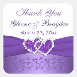 Cuadrada Pegatina Boda de corazones morados y blancos unido