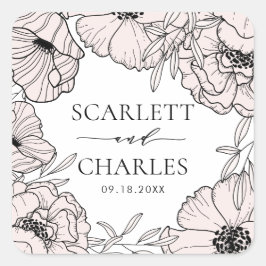 Cuadrada Pegatina Boda de flores rosas de Rubor moderno