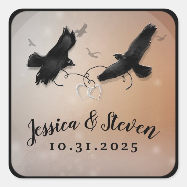 Cuadrada Pegatina Boda de Ravens & Hearts Halloween (Anverso)