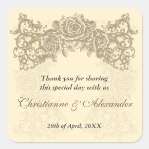Cuadrada Pegatina Boda de Rosas de Crema Antigua
