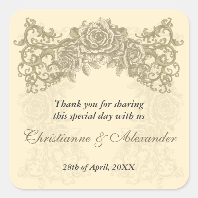 Cuadrada Pegatina Boda de Rosas de Crema Antigua (Anverso)
