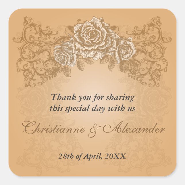 Cuadrada Pegatina Boda de Rosas de Naranjas antiguos (Anverso)